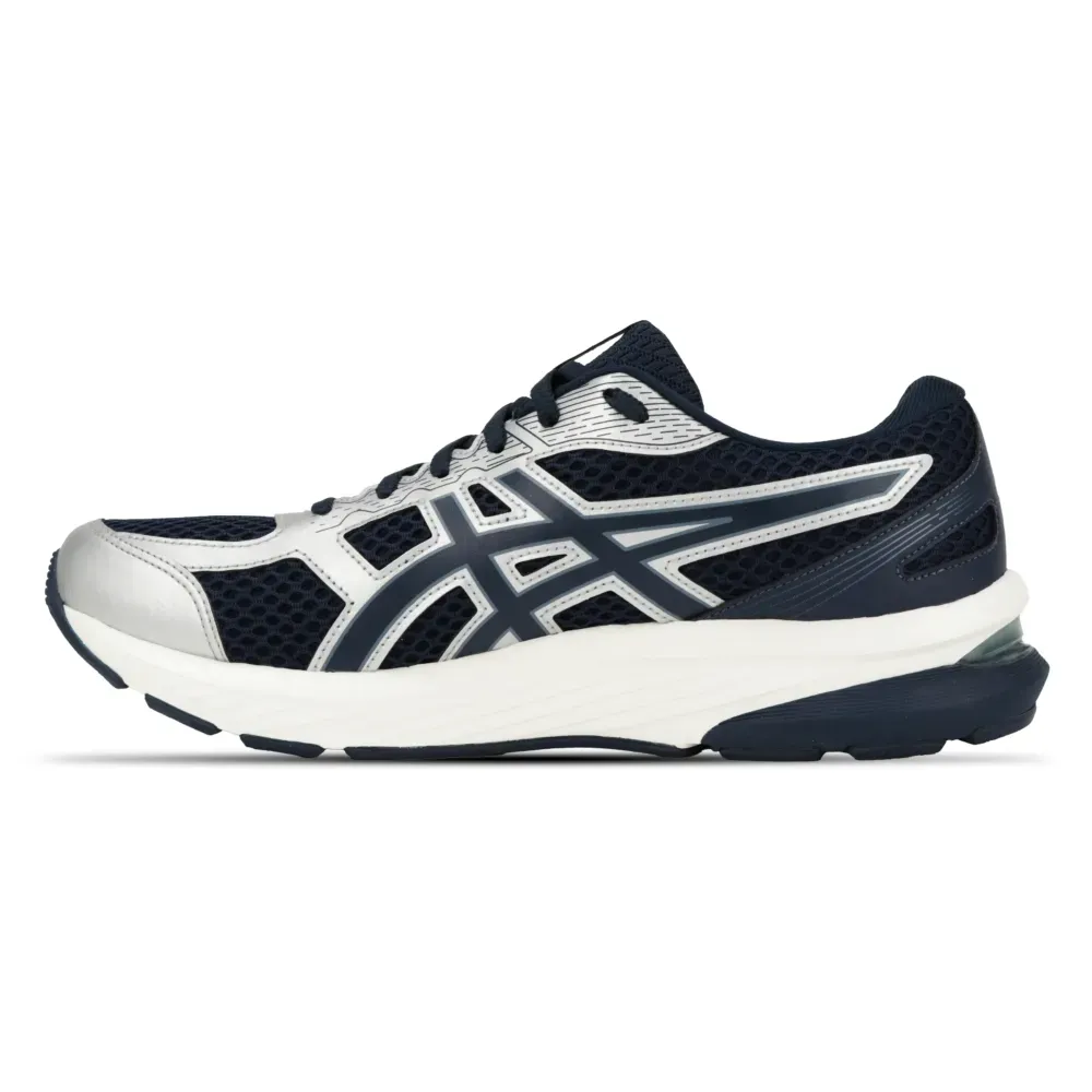 Tênis de corrida masculino azul marinho e cinza da ASICS mostrando o lado esquerdo com detalhes do logotipo e ventilação